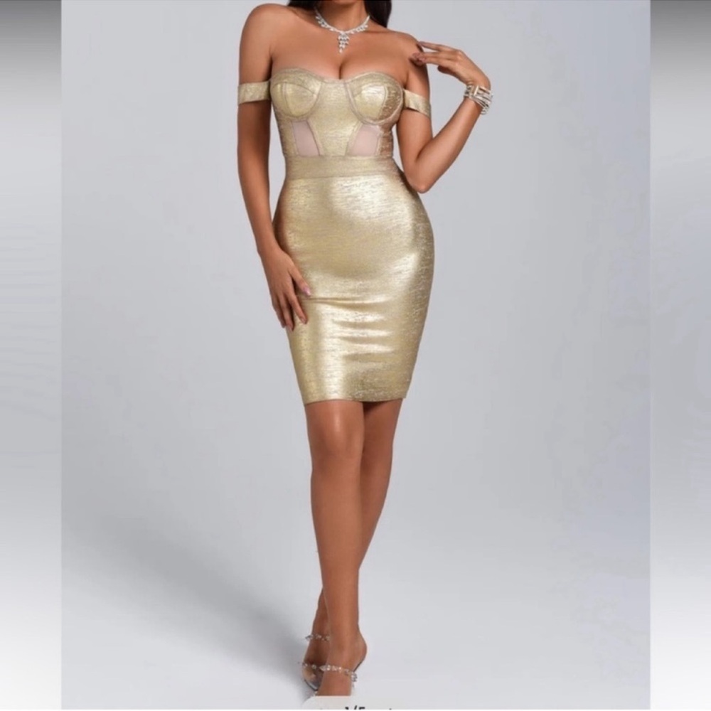 Bella Barnett Sakari Off Shoulder Metallic Cocktail Dress - Gold Size Medium NWT